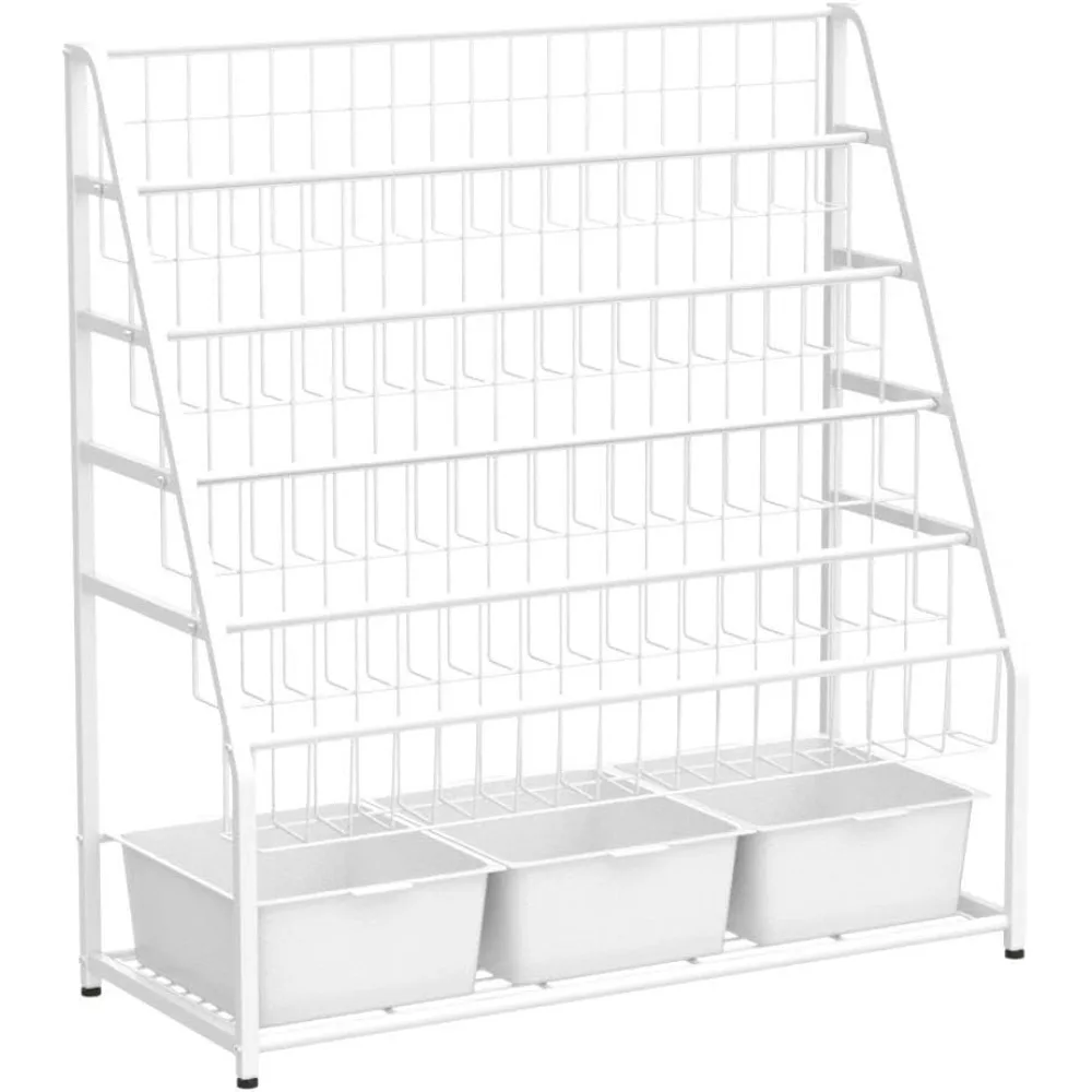 JAQ Kids Bookcases with Storage Bins, 6-tier Metal Bookshelves Rack on Display with Storage Boxes Organizer in Study Room