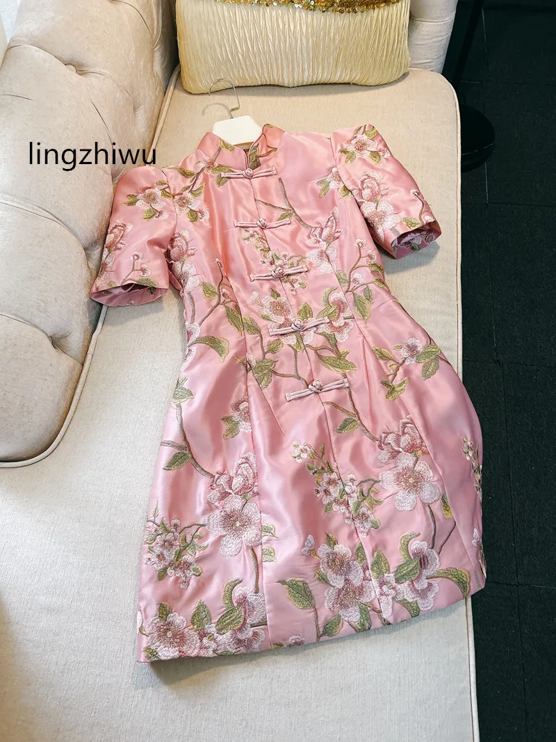 Lingzhiwu-Chinese style dress, vintage, elegant, pink embroidery, floral, new arrival, summer