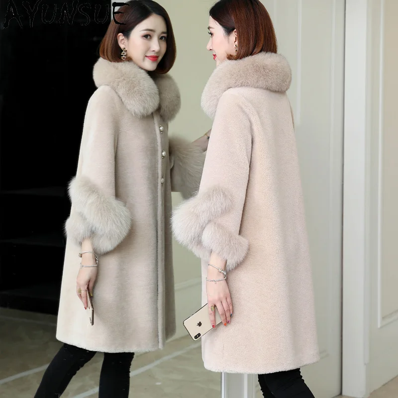 AYUNSUE 100% Wool Coat Women Clothes 2025 Winter Jacket Fashion Sheep Shearling Coats Woman Warm Fox Fur Collar Composite Fur