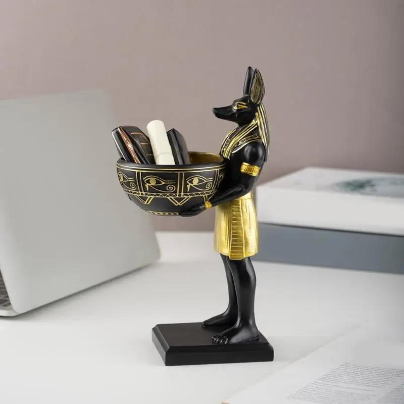 L9BE Detailed Anubis Statue With Bowl Resin Craft Egyptian God Sculpture Ornament Desktop Organizers for Shelf Desk Decors