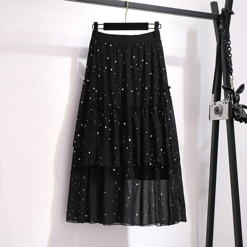 Plus Size Skirts for Womens Sequin Layered Dress Mid-length Woman Skirts Large Size Grenadine Skirt