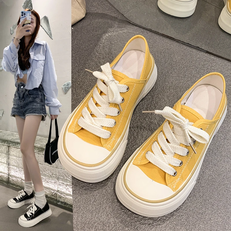 Thick bottomed Mango Head Canvas Women's Shoes 2024 New Spring Student Versatile Flat Shoes Classic Women's Casual Board Shoes