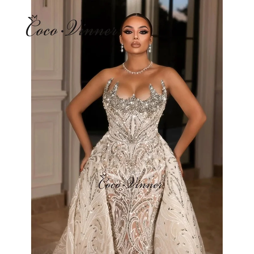 تخصيص خاص رائع 2 في 1 فستان الزفاف الفاخرة كريستال الديكور حورية البحر فساتين الزفاف مع قطار قابل للإزالة W1465