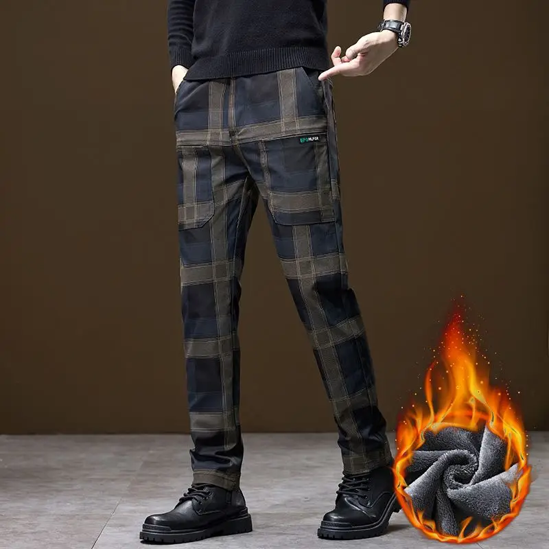New Winter Luxury Plaid Check Pattern Fleece Thick Warm Casual Pants Men Business Velvet Korean Pocket Long Trousers Male