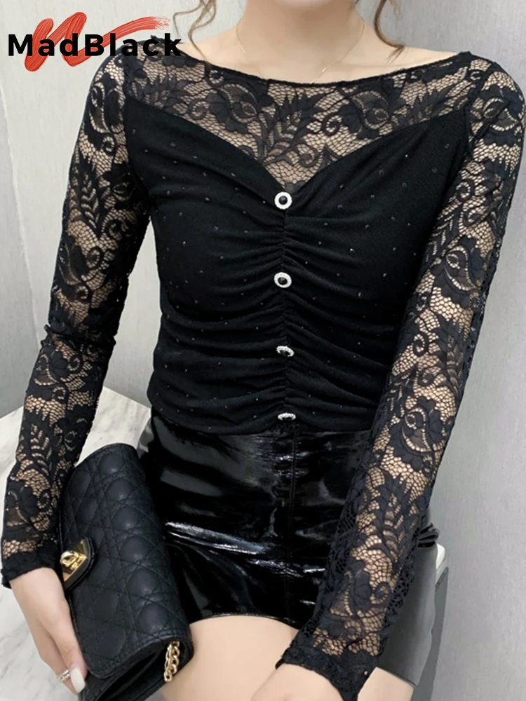 

MadBlack Autumn T-Shirt Sexy Slim Lace Patchwork Button Shiny Beaded Women Tops Long Sleeve All-Match Tees Black T29812X
