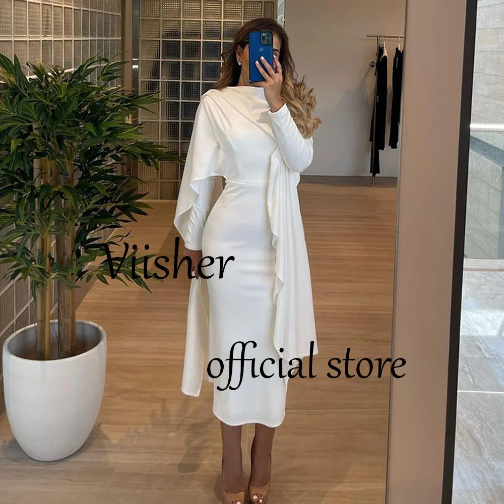 

Viisher White Mermaid Evening Dresses Long Sleeve Arabian Dubai Wedding Party Dress Tea Length Elegant Formal Prom Gowns 2024