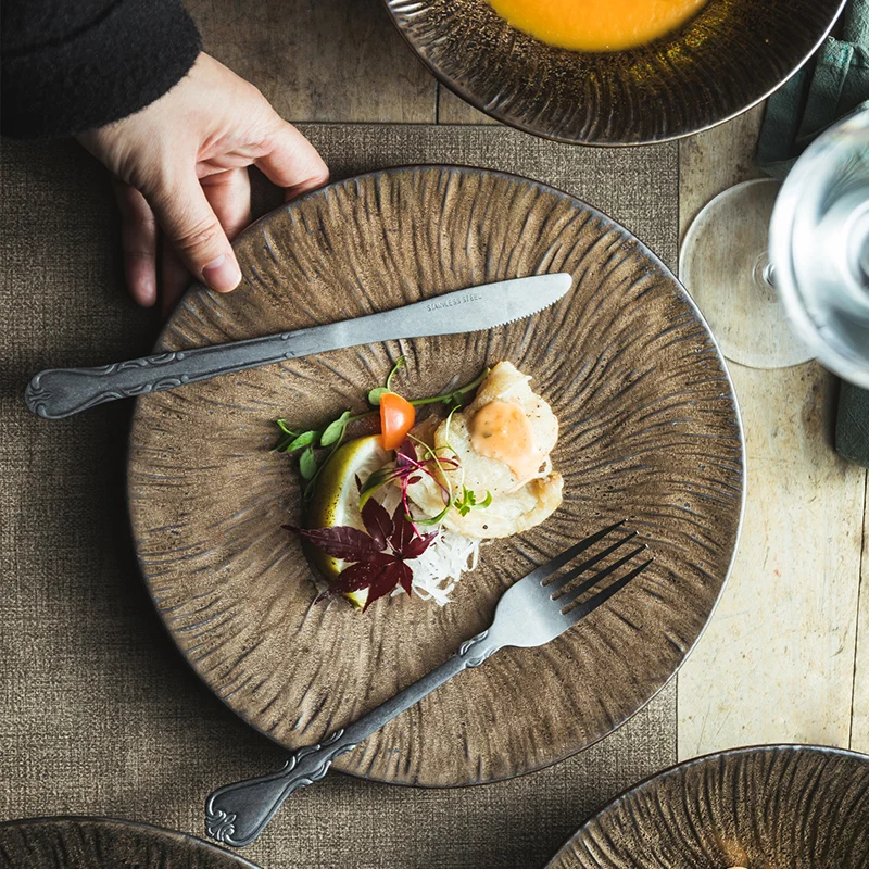 

Керамическая дисковая посуда, столовая посуда для ресторана, домашняя Ретро Высококачественная глубокая тарелка для салата, изысканная Резьбовая тарелка для отеля