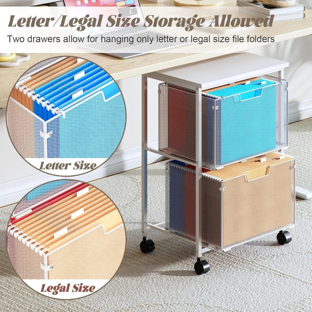 Mobile Rolling File Cabinet with 2 Drawers, Under Desk Storage Organizer for Home Office, White