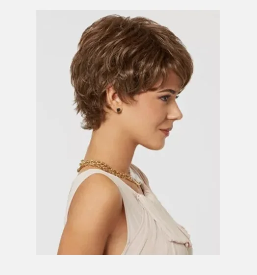 Peruca natural feminina de penteados em camadas ondulados castanho claro 6 polegadas