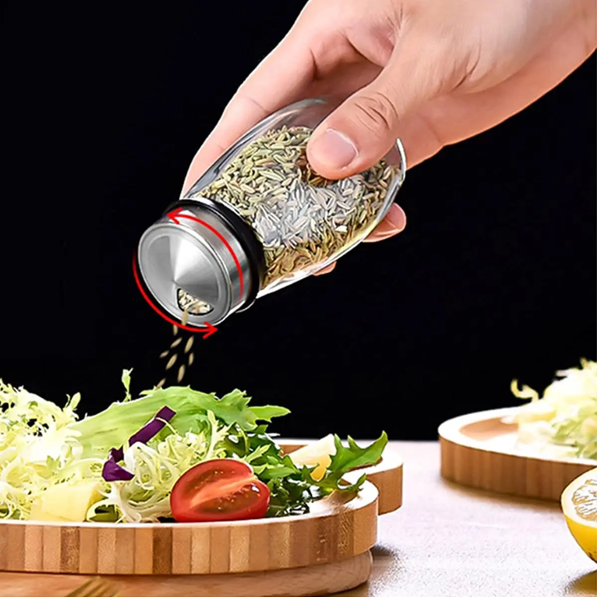 Revolving Spice Rack, 6-Jar Seasoning Organizer Holder 360° Rotation Shelf Tower Set with 6 Glass Spice Refill Containers Jars