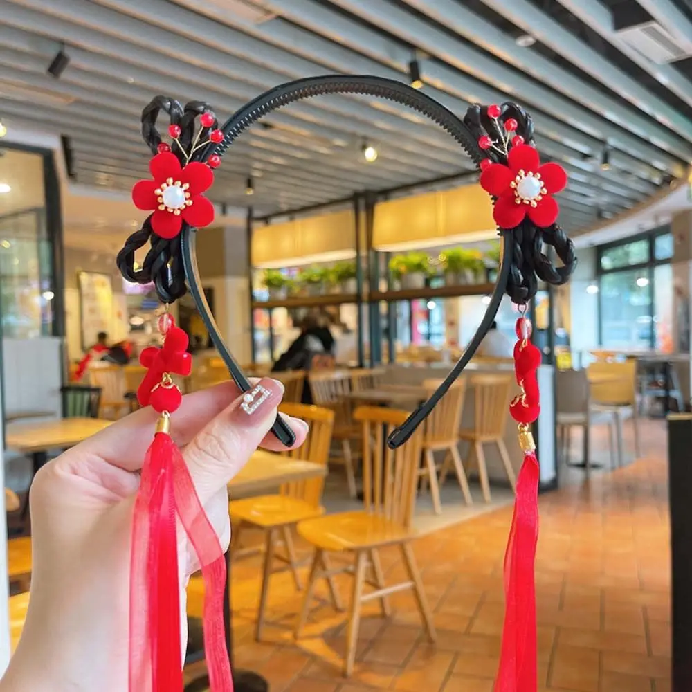 

Accessories Flower Tassel Pearl Bow Pigtail Wig Chinese Style Hair Band Children's Headband Hanfu Hair Hoop New Year Headress