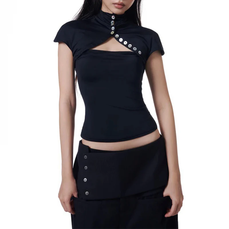 Retro American Hot Girl Backless Short Sleeve T-shirt Women's Summer New Irregular Stand Collar Slim Fit Slimming Top Ins Style