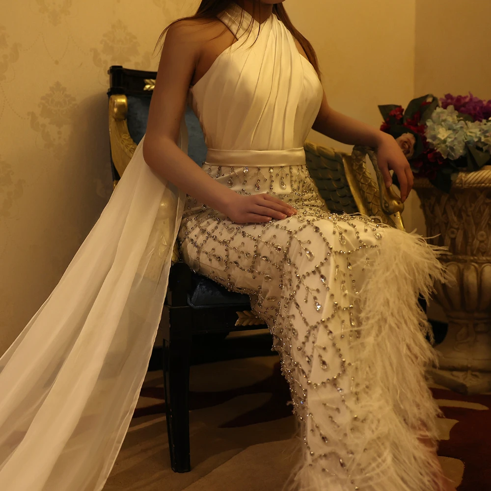 Luxury Feather White Mermaid Evening Dresses with Cape Halter Exquisite Crystal Beads Prom Gowns Elegant Wedding Party Dresses