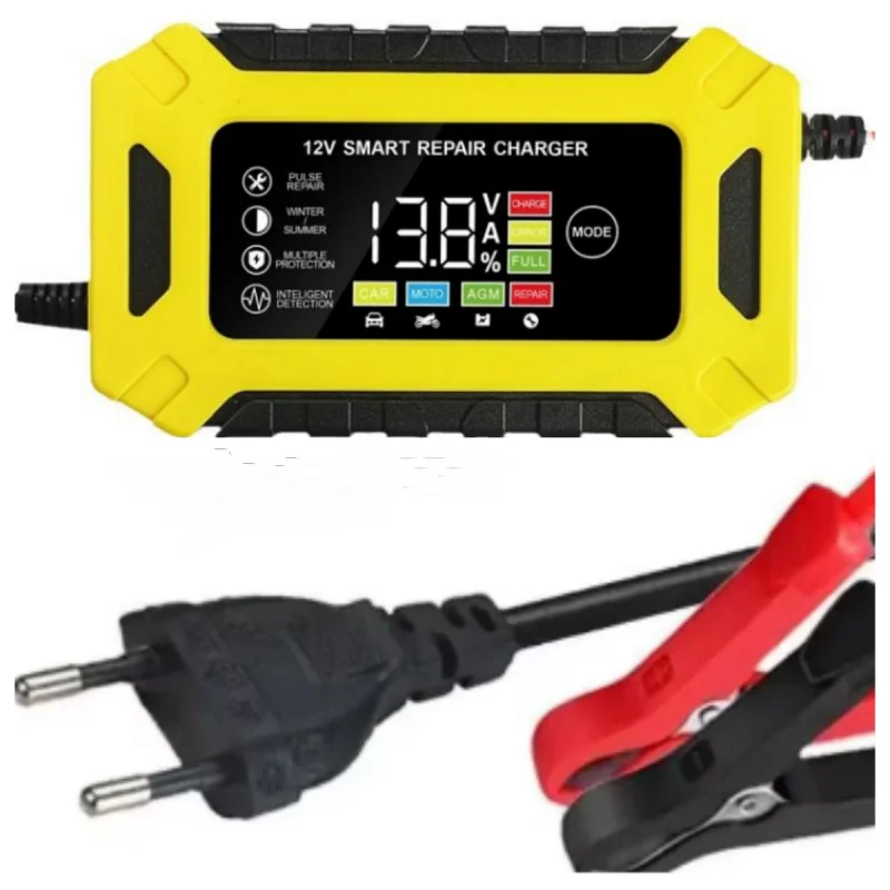 12V6A Battery Charger Car/Motorcycle Charger Digital Display Suitable for Lead Acid Batteries EU Plug Reverse Protection