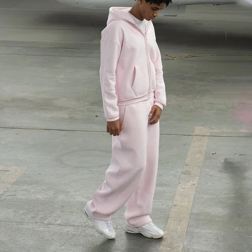 Imagen 2 del producto 2025 nueva ropa para hombre, chándal con capucha, suéter cálido de Color sólido, traje deportivo holgado de gran tamaño, jersey rosa, moda urbana