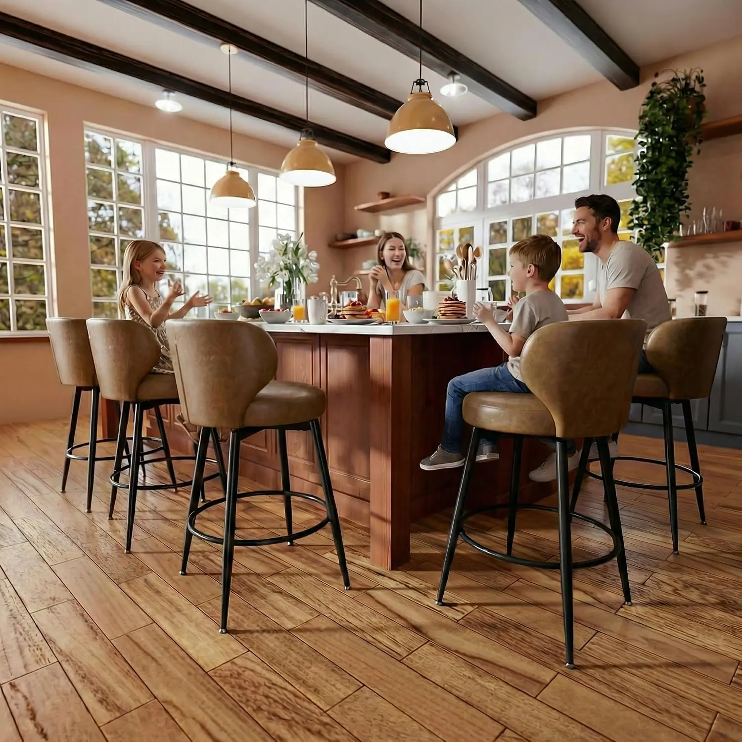26" Swivel Leather Bar Stools Set of 4 with Back & Footrest Metal Legs for Kitchen Island Home Bar Dining Room, Custom