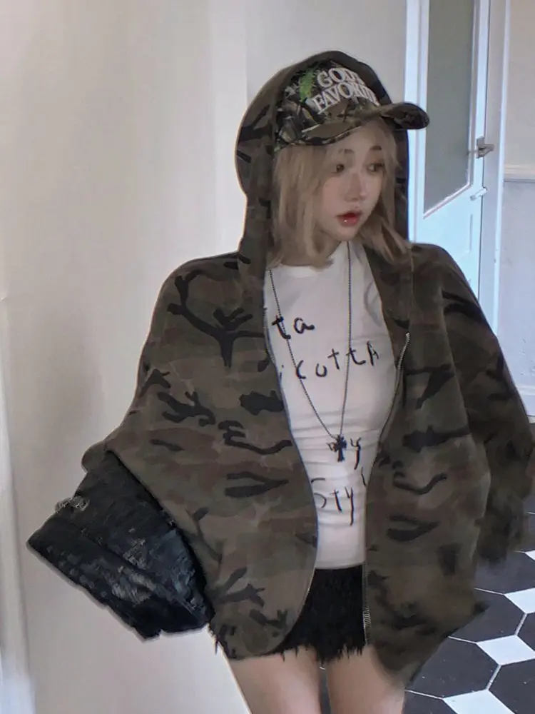 Suéter camuflado hiphop para homens e mulheres, lã pesada, casal, jaqueta cardigã com capuz, feminino