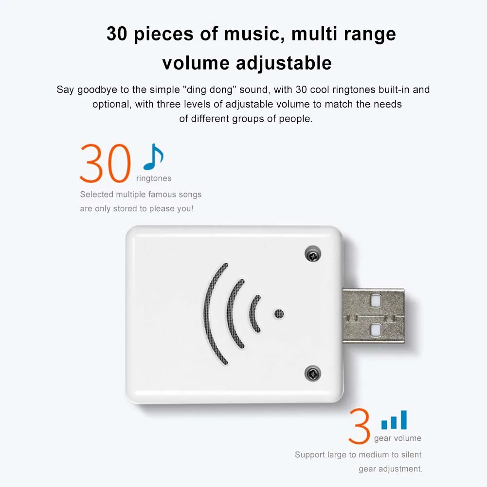 Timbre inalámbrico USB timbre de puerta USB inteligente RF 433MHz Control remoto 30 anillo receptor de ajuste de volumen para cama de casa llamada emergente