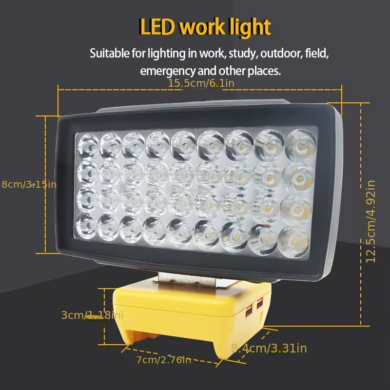 Flood Work Light 72LED 2000LM for DeWalt LED 18V/20V/60V MAX Lithium Battery Light with Low Voltage Protection, Dual USB qc3.0