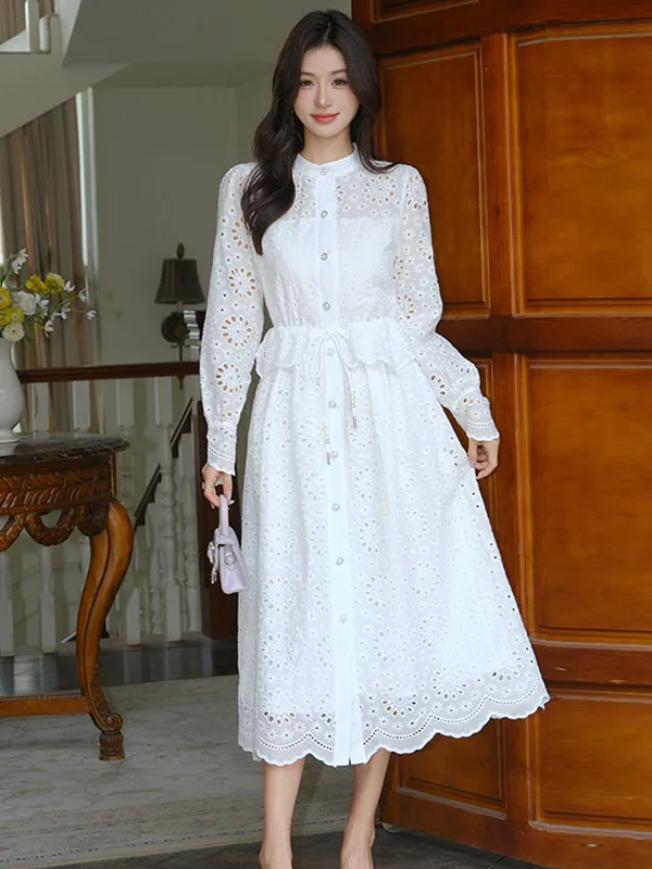 

Elegant White Hollow out Stand Collar Dress Women's Mid-Length High Waist Slimming Long Sleeve Maxi Skirt Stylish Commute