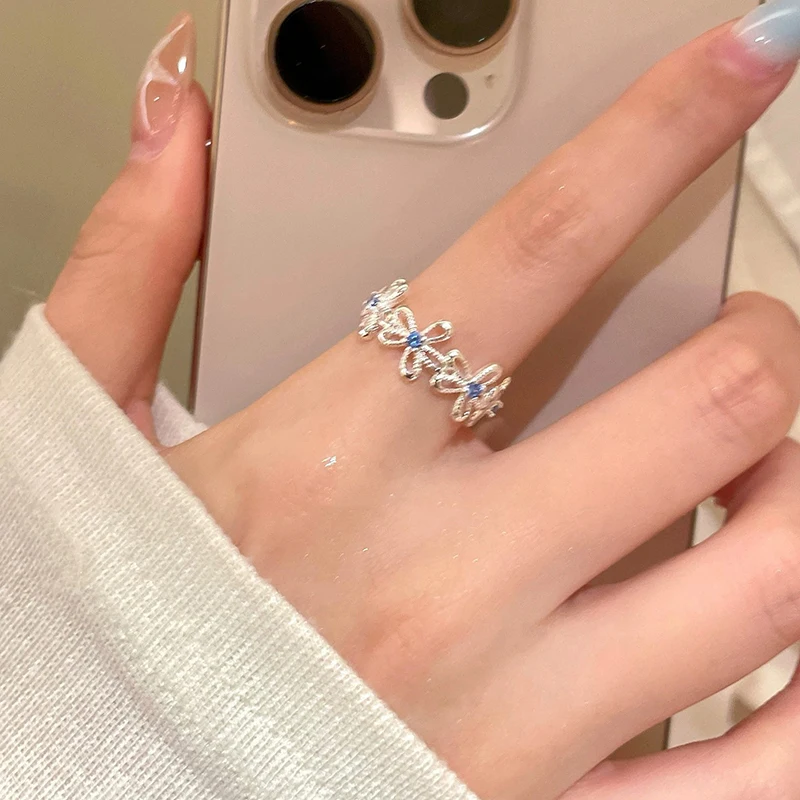 GANPUP Luxuriöser Blauer Kubischer Zirkonia Blumen Offener Fingerring für Frauen, Alltagsschmuck, Funkelnder Verstellbarer Ring, Hochzeitsgeschenk – Detail 5