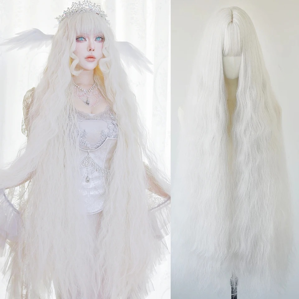 100cm Synthetic Cosplay Wig With Bangs Natural Fluffy White Pink Green Orange Wigs for Women Lolita Wig Heat Resistant