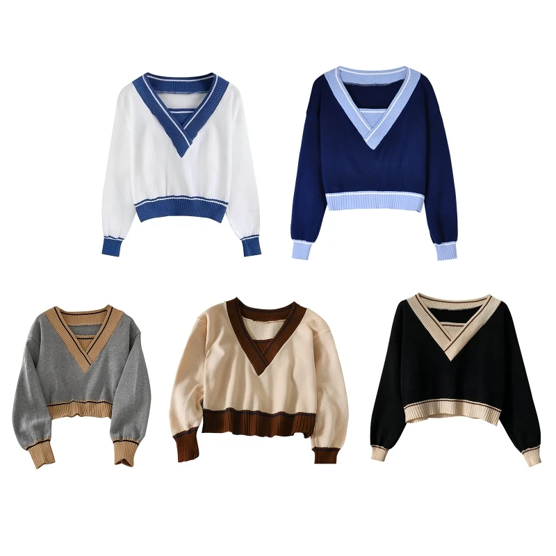 Women Faux 2Pcs Long Sleeve Sweater Colorblock Striped Rib Trim V-Neck Sweater Dropship