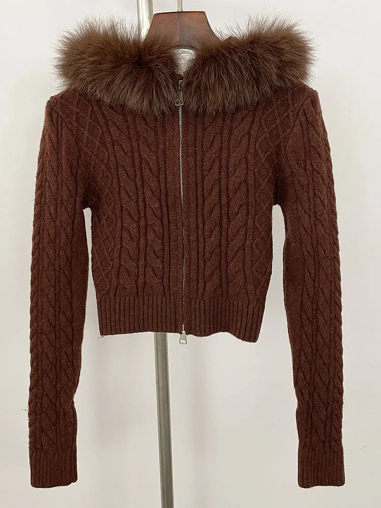 

Новинка 2023 года, весенне-осенний свитер с капюшоном, женский тонкий вязаный кардиган, женское короткое пальто из натурального лисьего меха, женское вязаное пальто