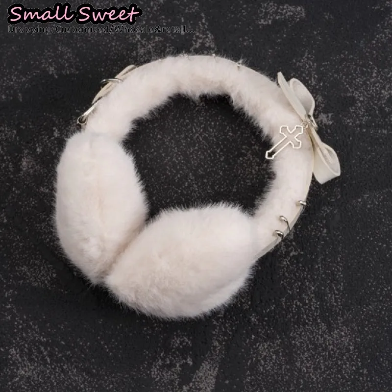 فاسق القوطية دبوس برشام الجلود القوس غطاء للأذنين الأبيض أفخم ثقافة فرعية Y2K فتاة الصليب حماية الشتاء غطاء للأذنين طوي الأذن الدافئة