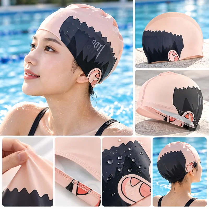 Funny Bald Head Swim Cap, Mediterranean Pattern Print Polyester Swimming Hat, For Pool Cosplay Party