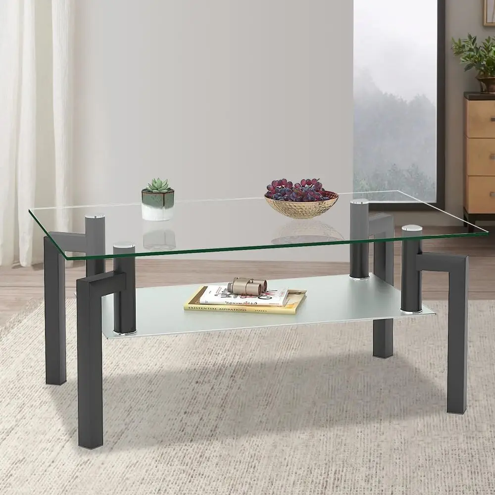

Contemporary 2-Tier Glass Coffee Table with Metal Legs, Clear Storage, Suitable for Center or Living Room, Black