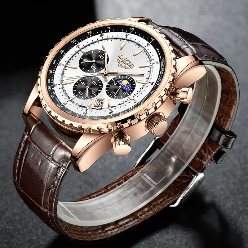LIGE-Relógio de pulso de quartzo de couro masculino com caixa, relógio esportivo impermeável, relógio masculino, marca de topo, luxo, novo