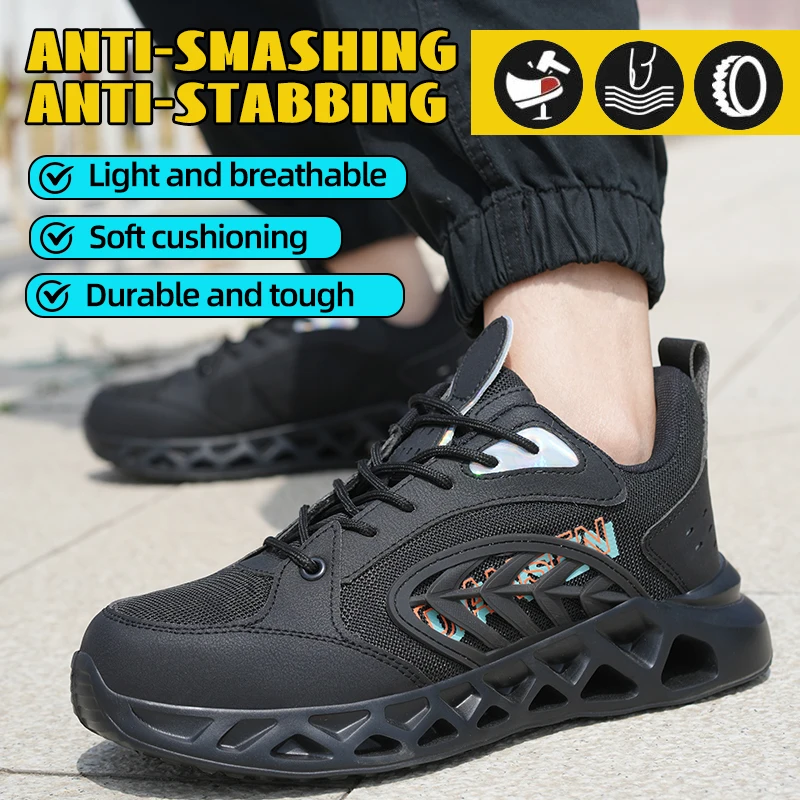 Elastic sole Steel Toe Cap Safety Shoes for Men, Anti-Puncture Anti-Smash Work Sneakers Construction Outside Footwear