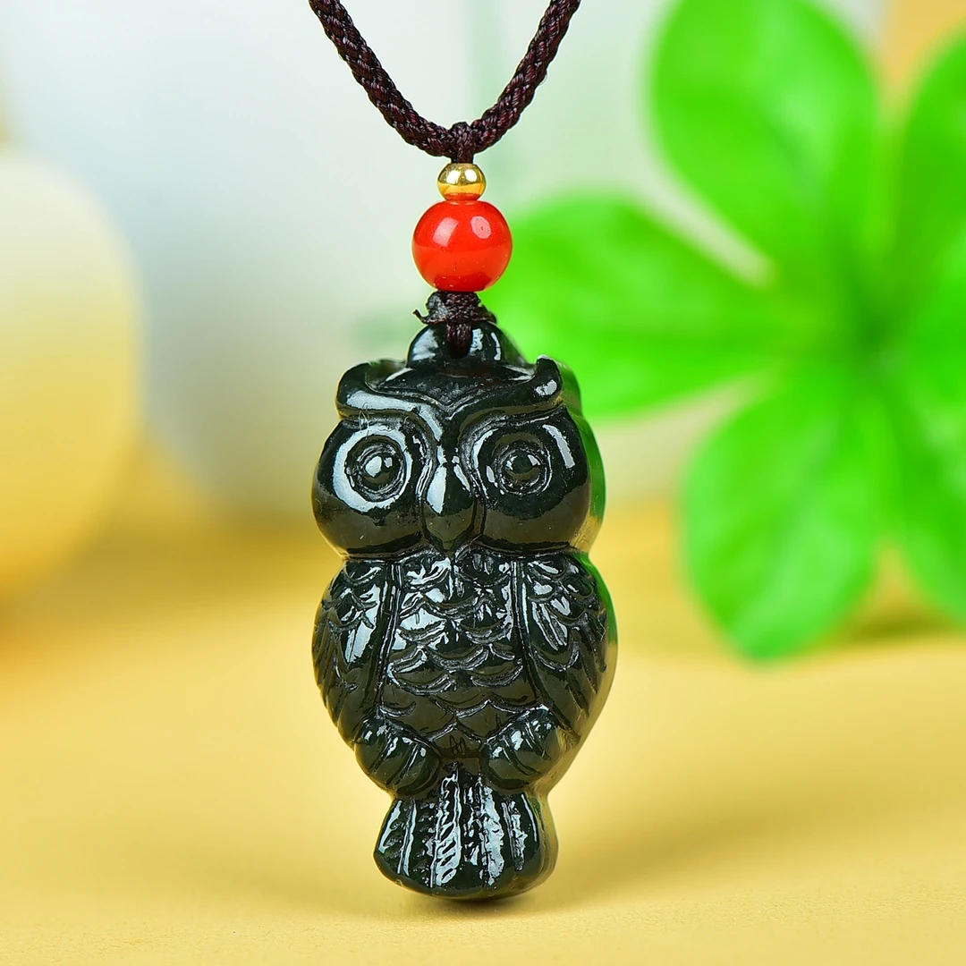 Genuine China Nephrite Stone Green Hetian Jade Owl Pendant Necklace Men Women Chinese Natural Hetian Jade Lucky Charms Amulets
