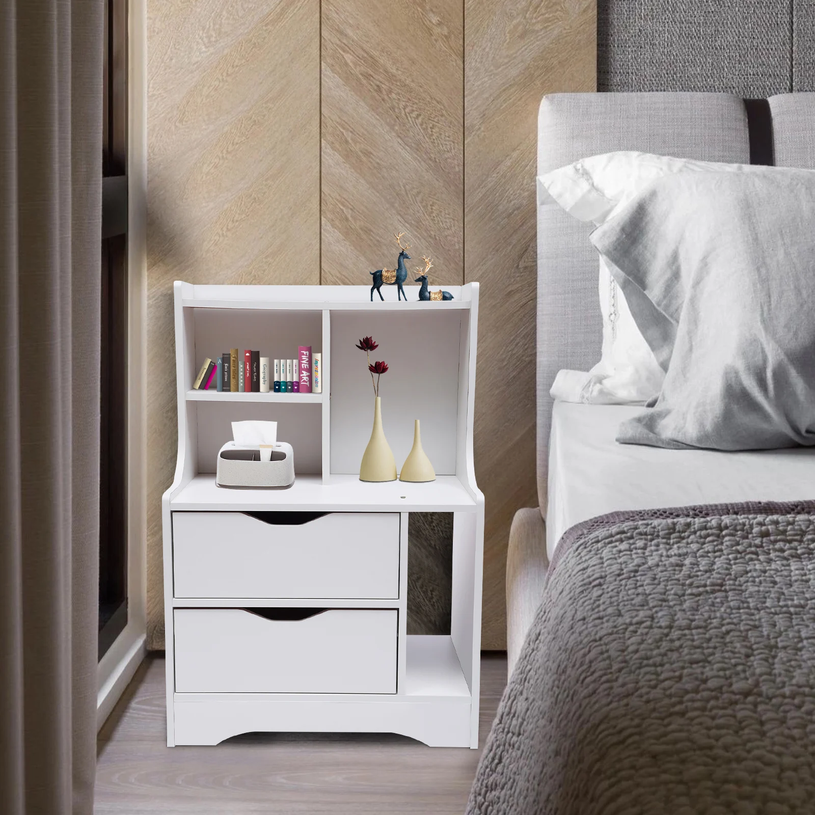 Wood Nightstand Side Table White Simplicity End Table With 2 Drawers Storage Shelf for Bedroom Living Room Home Furniture