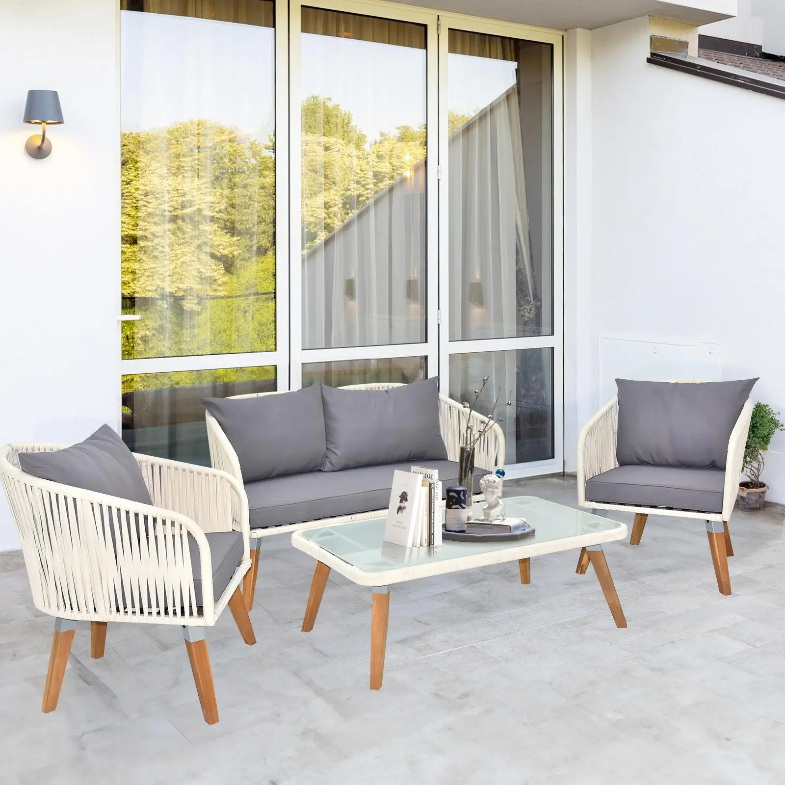 4-Piece Outdoor Patio Furniture Set - Acacia Wood & Rope Sofa with Coffee Table, Loveseat, Modern Deep Seating for lawn &