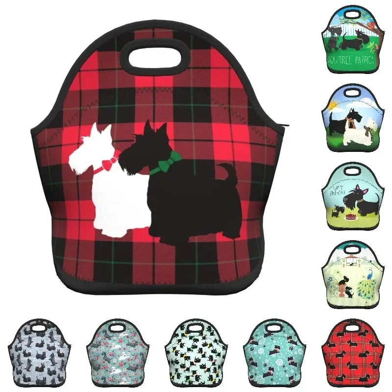 Tartan Scottie Dog Neoprene Insulated Lunch Bag for Women Portable Scottish Terrier Lunch Tote Office Work School Picnic Bags