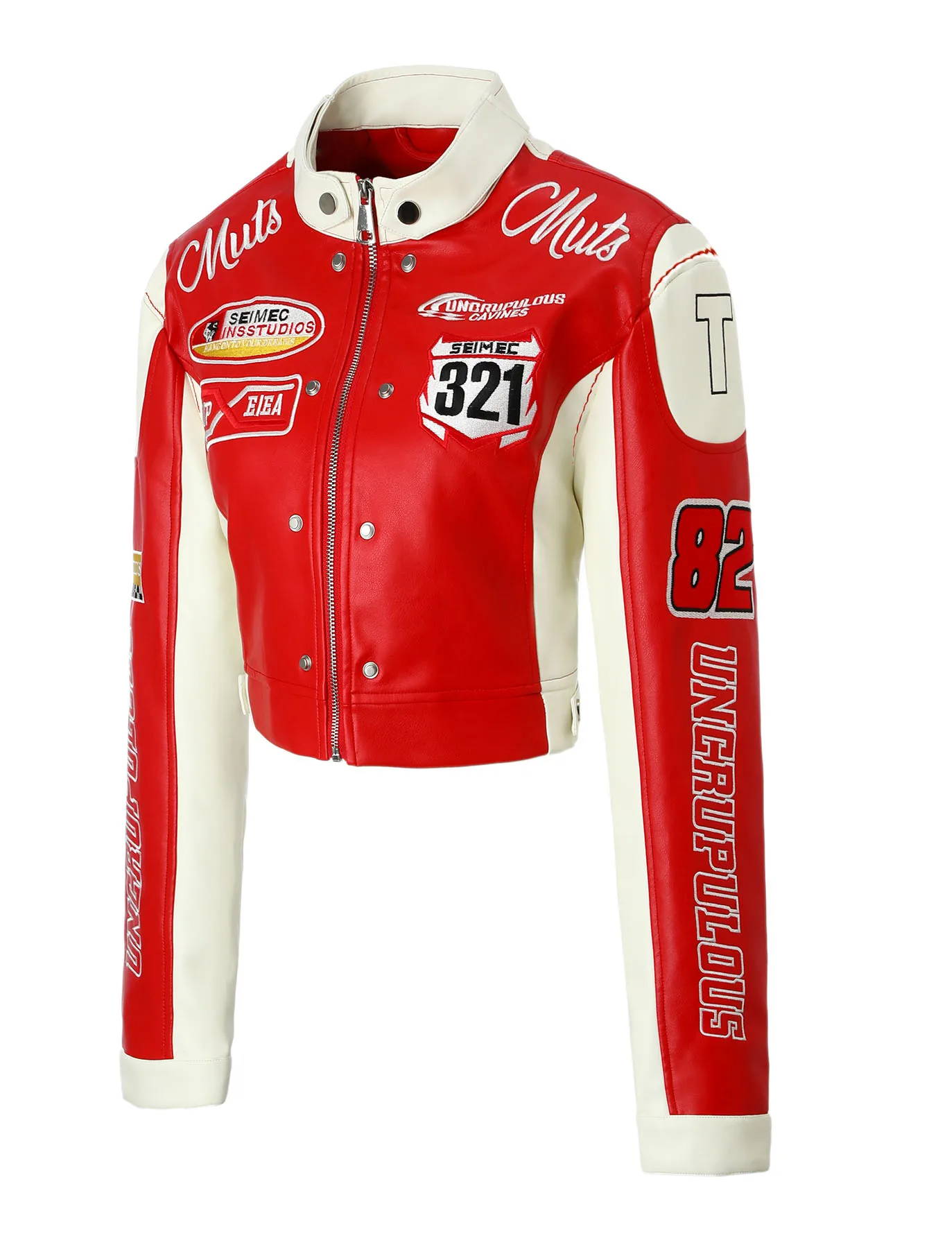 ผู้หญิงสีแดงและสีขาว Colorblock PU Biker Jacket,ขาตั้งซิปด้านหน้า,ตกแต่งเย็บปักถักร้อย,เรขาคณิตกลับ,ฤดูใบไม้ผลิฤดูใบไม้ร่วงOuterwear