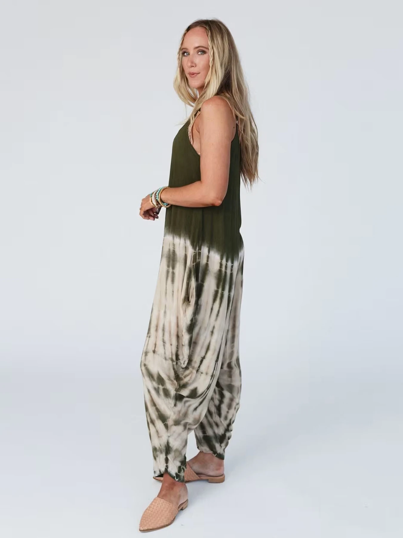 Mono camisola con cuello en V y estampado Tie-Dye para mujer, pantalones de linterna sueltos de moda, una pieza sin mangas, talla grande