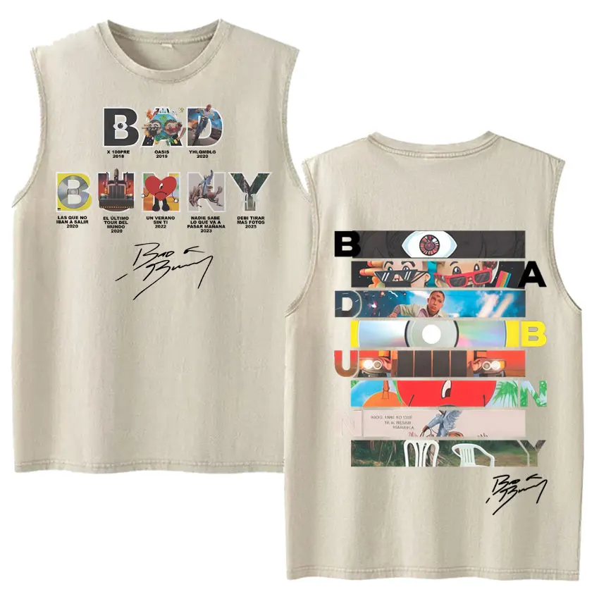 Vintage Washed Fashion Vest Bad Bunny Trendy Graphics Letters Print Mens Clothes Streetwear Harajuku Oversized Casual Tank Tops