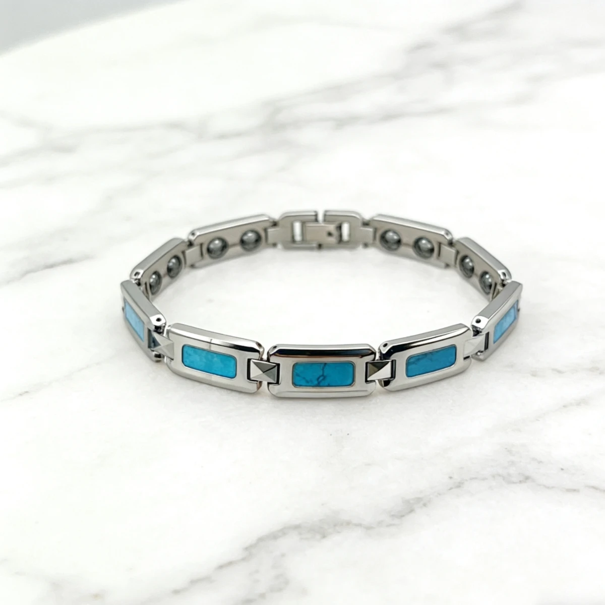 Tungsten Carbide Blue Turquoises Bracelet Men Magnetic Therapy Link Wristband Waterproof Scratch Resistant Luxury Jewelry Gift