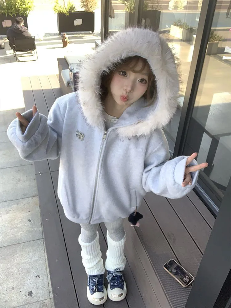 Cardigan ouvert à capuche rétro américain, sweat-shirt pour femmes, manteau en laine chaud Thiened, hiver, style coréen, sensation haut de gamme