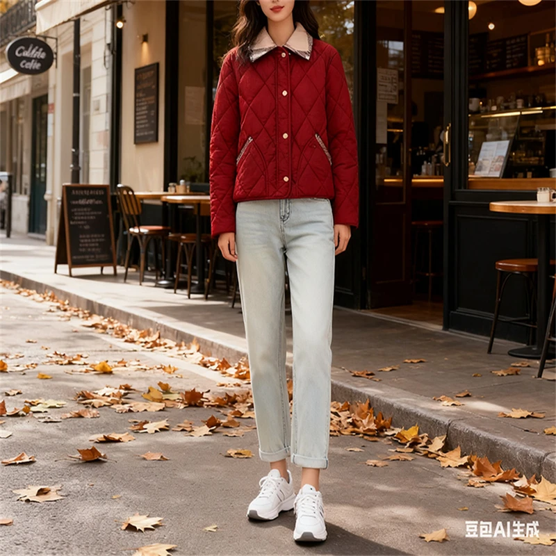 

Women's plaid collared quilted jacket, short quilted coat with diamond pattern, button closure, available in three colors, autum