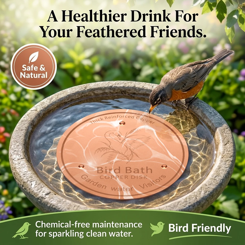 Outdoor Copper Bird Bath Dish with Engraved Swan Design Thick Reinforced Metal Garden Water Feeder for Wild Birds
