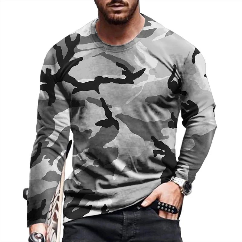 Long Sleeve Camo Pattern Men's Sports Casual T-Shirts Spring Autumn 3d Printed Street O-Neck Tee 6XL Plus Size Outdoor Tops