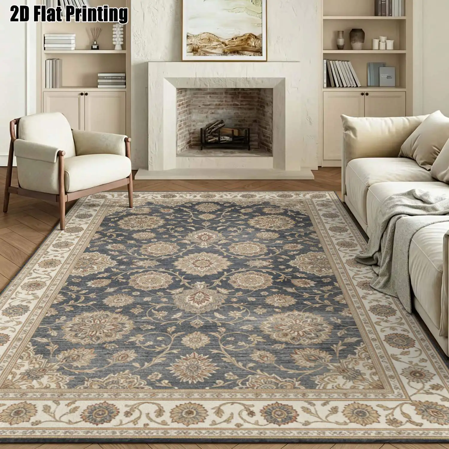 1Pc 2D Printed Carpet: Black Base Brown-Grey Floral Retro/European/Bohemian Style, Machine Washable, Multi-Size, for Multiple Scenes
