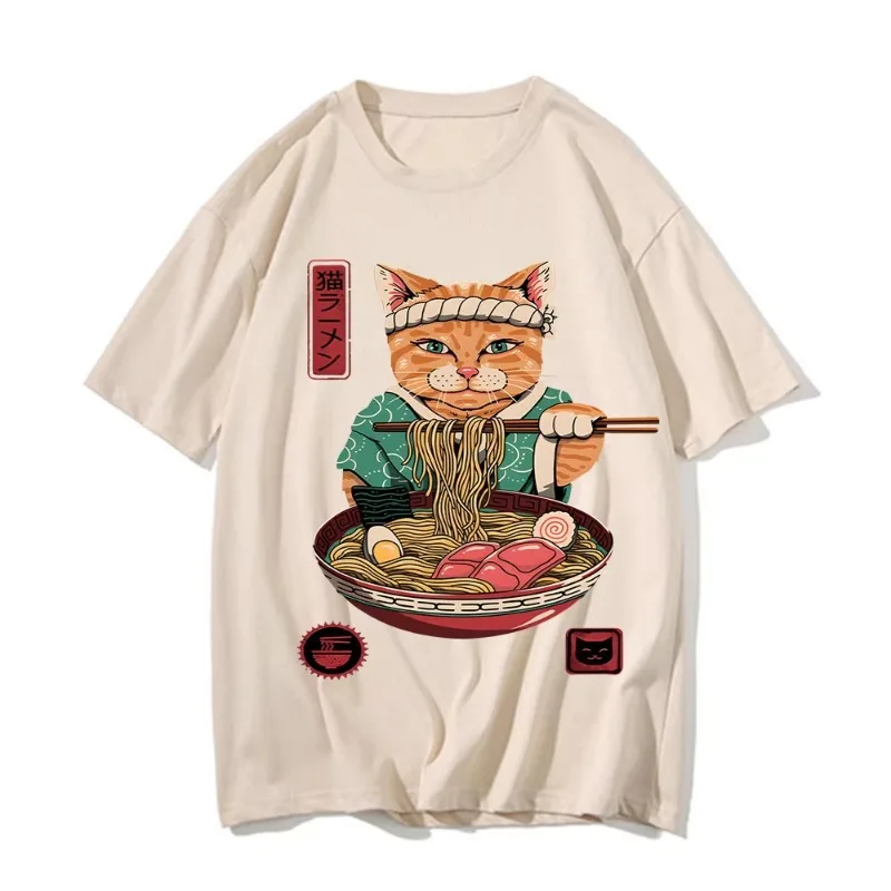 Cute Ramen T Shirts for Men Japanese Cat T-shirt Summer Cotton Short Sleeve Graphic T Shirts Unisex Clothing Cartoon Streetwear