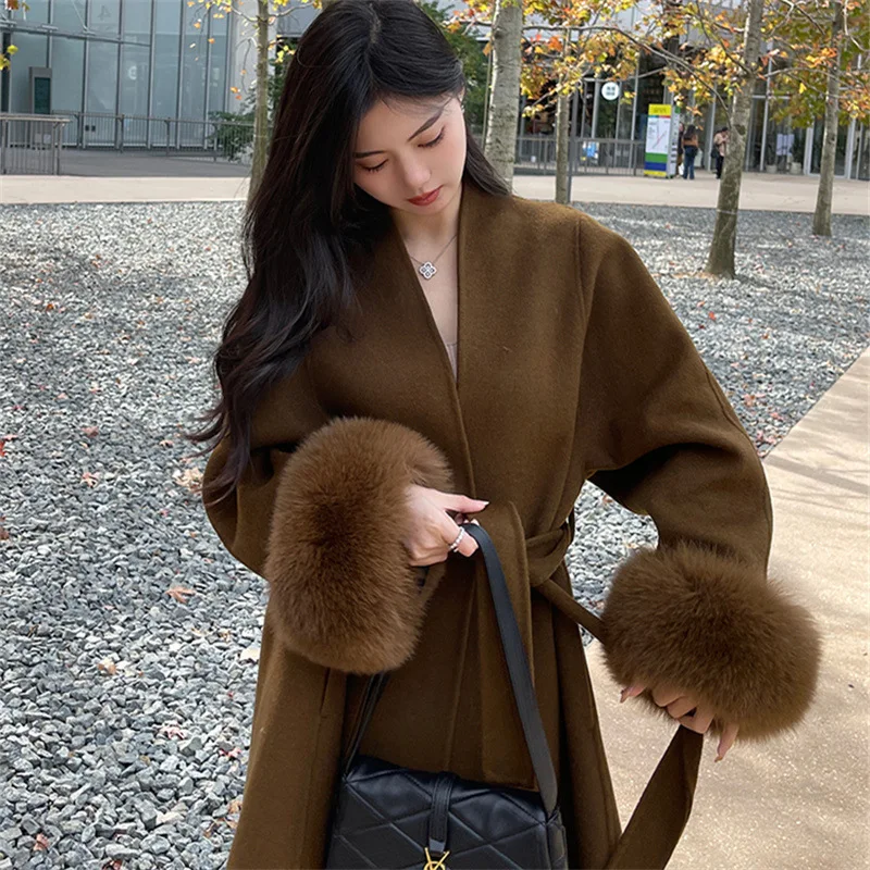 2024 An Yimelade autumn and winter new style temperament double-sided cashmere coat women's medium long fox fur woolen coat