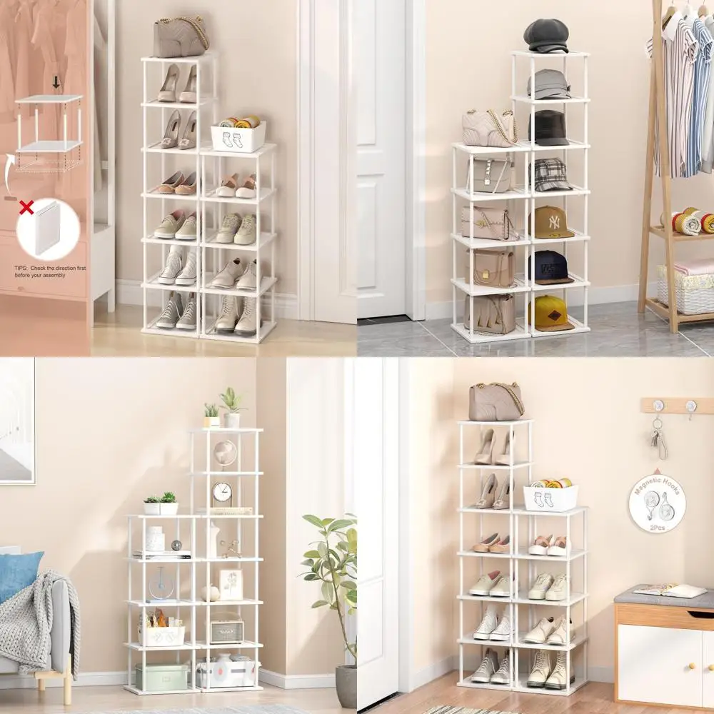 

12-уровневая тонкая бамбуковая полка для обуви для прихожей — штабелируемая подставка для хранения небольших помещений в шкафу, гараже и гостиной (белая)