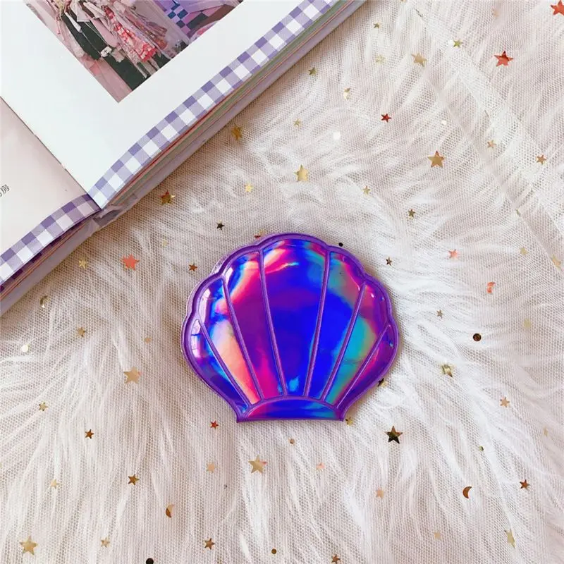 CASHOU111 Creative Sea Shell Shaped Holographic Rainbow Colored Magnifying Compact Cosmetic Double Sided Folding Pocket Mirror